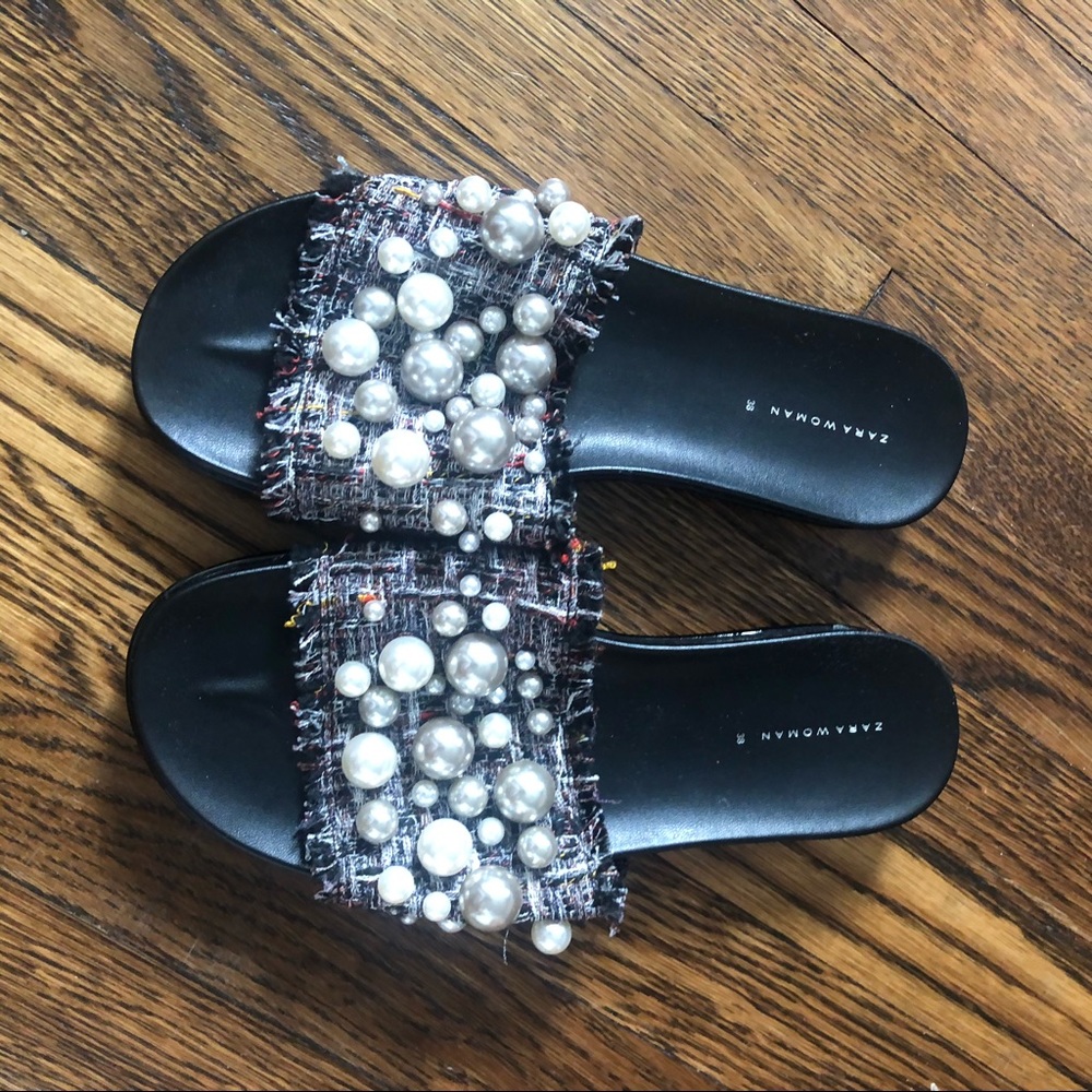 Zara tweed sandals w oversized pearls